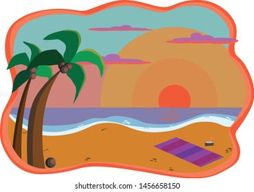 Sunset beach with palm trees and beach towel, landscape vector flat illustration with frame.