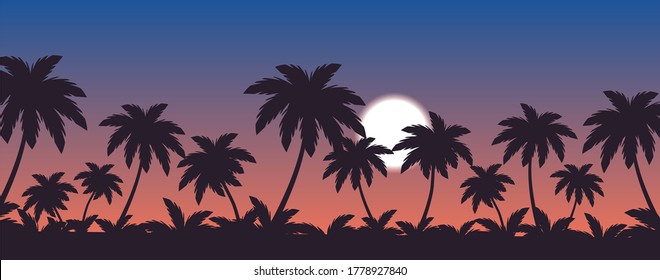 sunset beach with palm trees vector illustration. twilight sky