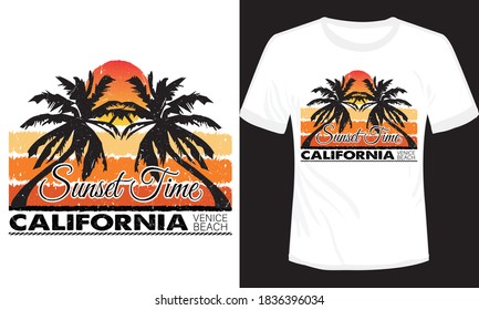 Sunset beach  with palm trees vector modern t-shirt illustration design, California Venice beach t-shirt design 