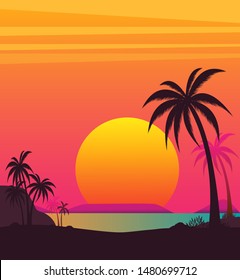 sunset beach with palm trees yellow and red sky color view vector