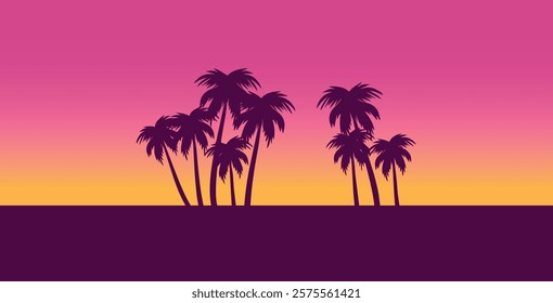 Sunset with beach and palms. Vacation time. Beach and Summer background. Trendy colorful 
Sunset with palm treess silhouette. Vector illustration. Ideal for print, poster, wallpaper, fabric, fashion.