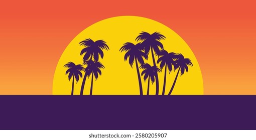 Sunset with beach and palms. Vacation time. Beach and Summer background. Trendy colorful Sunset with palm treess silhouette. Vector illustration. Ideal for print, poster, wallpaper, fabric, fashion.