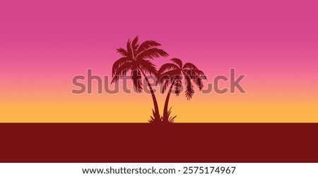 Sunset with beach and palms. Vacation time. Beach and Summer background. Trendy colorful Sunset with palm treess silhouette. Vector illustration. Ideal for print, poster, wallpaper, fabric, fashion.