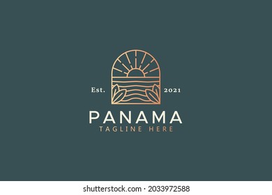 Sunset Beach Panorama Luxury Logo. Tropical Vacation  Summer Resort. Holiday Template Badge.