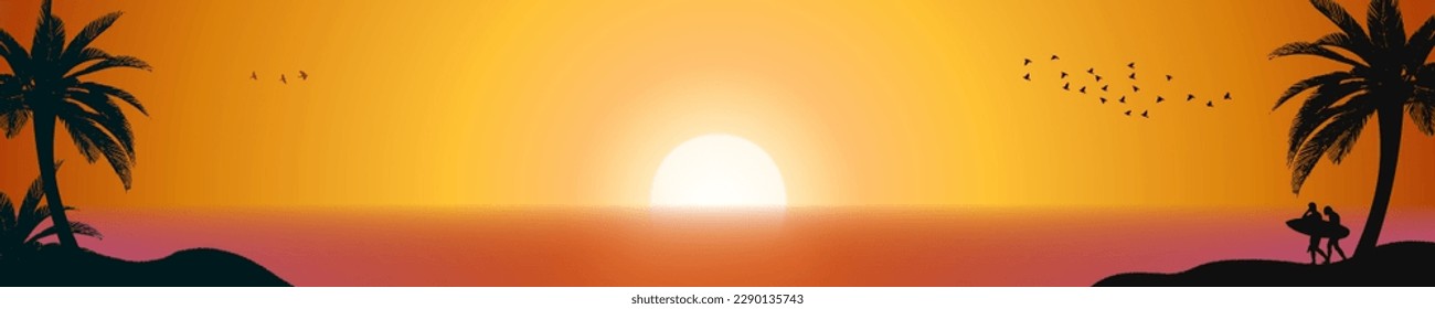 Sunset Beach Panorama. Hora de sol dorada con silueta de playa, palmeras y surfistas con pájaros en el cielo. Ilustración vectorial