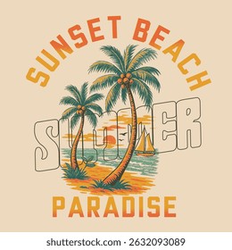 O paraíso da praia do pôr do sol. Pôr do sol tropical do verão. Surf e praia. Vintage impressão retro praia. Beach Paradise Print T-shirt. verão luz do sol vetor impressão arte de design