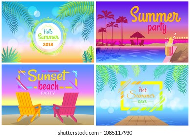 Sunset beach party hello summer time posters set party near pool, tasty cocktails, tall palms, two sunbeds on coastline vector illustrations