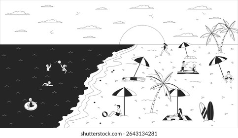 Sunset beach with people swimming and relaxing lofi illustration outline. Summertime joy. Tropical shoreline with sun setting 2D ink linear flat lo fi drawing. Vector line art aesthetic wallpaper