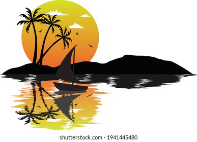 Sonnenuntergang am Strand mit Pflaume und Schiff
