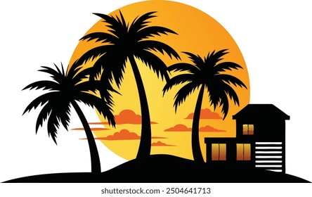 Sunset at beach with plam tree, tropical plam tree icon flat, Sunset vector - Plam tree beach and bicycle.