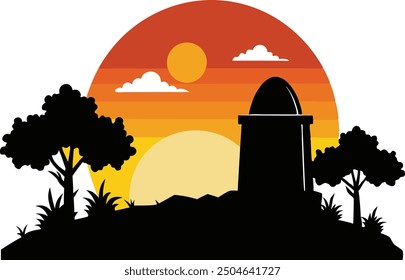 Sunset at beach with plam tree, tropical plam tree icon flat, Sunset vector - Plam tree beach and bicycle.