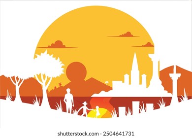 Sunset at beach with plam tree, tropical plam tree icon flat, Sunset vector - Plam tree beach and bicycle.