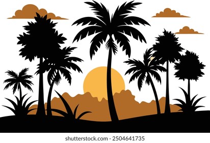 Sunset at beach with plam tree, tropical plam tree icon flat, Sunset vector - Plam tree beach and bicycle.