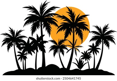 Sunset at beach with plam tree, tropical plam tree icon flat, Sunset vector - Plam tree beach and bicycle.