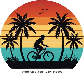 Sunset at beach with plam tree, tropical plam tree icon flat, Sunset vector - Plam tree beach and bicycle.