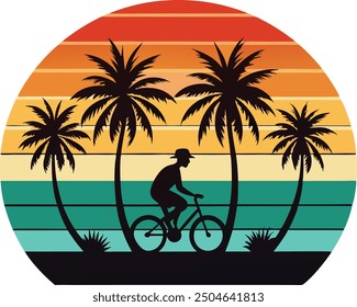 Sunset at beach with plam tree, tropical plam tree icon flat, Sunset vector - Plam tree beach and bicycle.