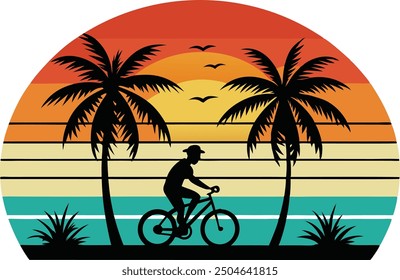 Sonnenuntergang am Strand mit Pflaumenbaum, tropische Pflaumenbaum Ikone flach, Sonnenuntergang Vektor - Pflaumenbaum Strand und Fahrrad.