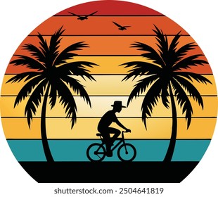 Sunset at beach with plam tree, tropical plam tree icon flat, Sunset vector - Plam tree beach and bicycle.