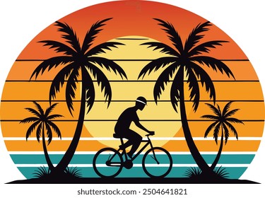 Sunset at beach with plam tree, tropical plam tree icon flat, Sunset vector - Plam tree beach and bicycle.