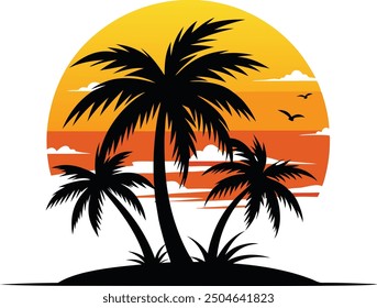 Sunset at beach with plam tree, tropical plam tree icon flat, Sunset vector - Plam tree beach and bicycle.