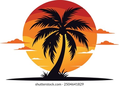 Sunset at beach with plam tree, tropical plam tree icon flat, Sunset vector - Plam tree beach and bicycle.