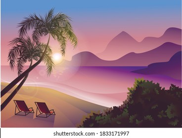 Sunset beach in purple shades two sun loungers overlooking the sea. Palm trees and mountains on the horizon