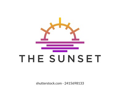 Sunset beach resort logo design, striped line style with bright color, travel vacation outdoor icon symbol, water wave symbol element.
