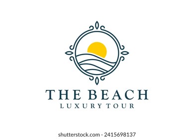 Sunset beach resort logo design, striped line style with bright color, travel vacation outdoor icon symbol, water wave symbol element.