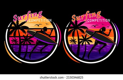 sunset beach running surfing woman silhouette print shirt