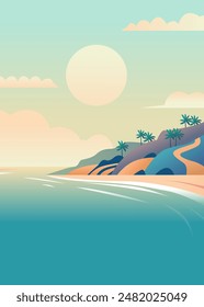 Sunset beach scene with palm trees hills ocean waves and pastel sky