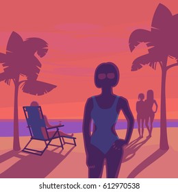 Sunset beach scene with palm trees, woman in reclining chair, two women in back ground and woman in front wearing blue swimsuit and sunglasses.