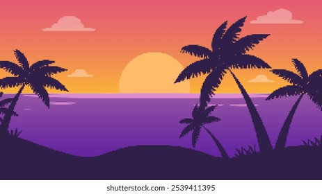 Puesta de sol en la playa de la escena pixel art. con agua de mar, palmeras, y. Silueta de la palma