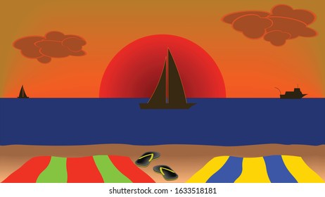 A Sunset Beach Scene with sail boats and a large boat silhouetted against the reds and oranges of sunset from the POV of relaxing on a towel with Flip Flops in the sand.  Layered and Grouped 