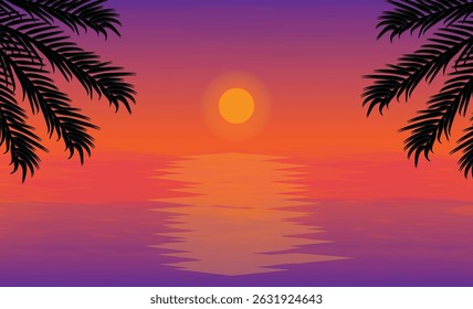 Sunset beach scene. Tropical evening background with seawater, palm trees on colorful sky. Vector Illustrator concept.