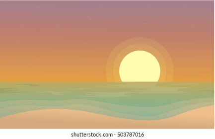 At sunset beach scenery of silhouettes design vector
