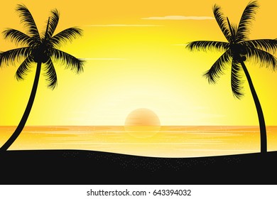 Sunset Beach Scenery.Illustration of Beautiful Sea View at Summer Sunset .