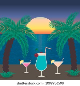 Sunset beach with sea, palm trees and glasses of cocktails. Tropical beach party vector illustration. Vacation and relax concept. Easy to edit design template for your artworks.