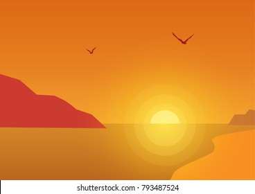 Sunset Beach with Seagull Background
