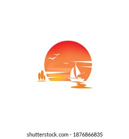 sunset in a beach, ship, birds, trees, vector illustrations