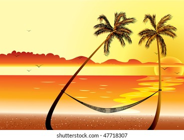 Sunset at Beach Shore and hammock with palm