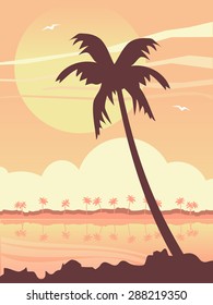 Sunset beach silhouette landscape vector illustration background.