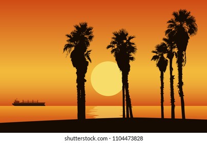 Sunset beach with silhouette of palm trees. Vector Illustration.