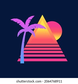 Sunset Beach Summer Ocean Palm Tree Geometric Pyramid Retro Vintage Gradient