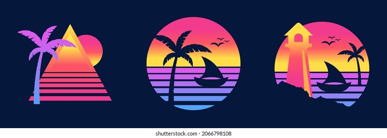 Sunset Beach Summer Ocean Palm Tree Boat Lighthouse Retro Vintage Set Collection