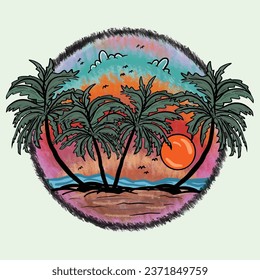 Sunset beach, summer beach sunshine artwork. Vintage Retro Style Beach Summer Paradise. vector Palm tree, sunset, sunrise, surfboard, vector graphic design.