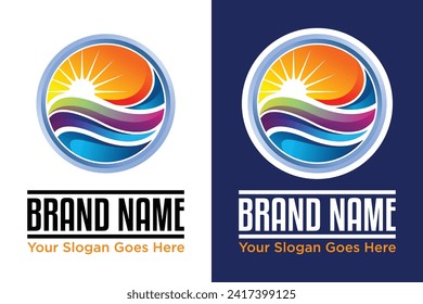 Sunset beach summer Wave illustration vector logo design