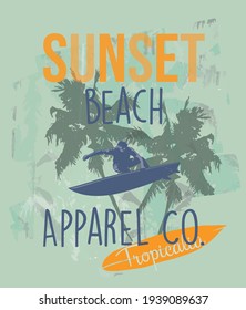 sunset beach surf palm print