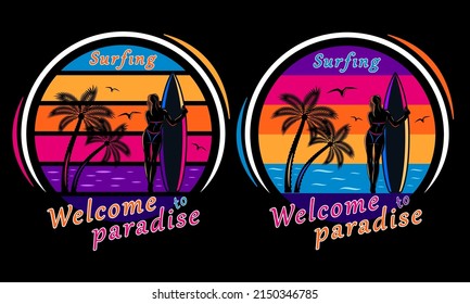 sunset beach surfing woman silhouette print shirt