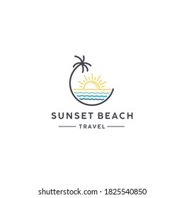 sunset beach travel coastal business logo template. sun, palm tree, ocean vector elements stock illustration.