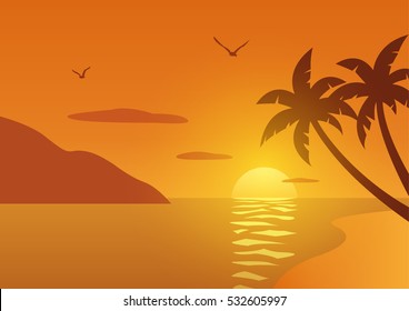 Sunset Beach with Tropical Palm Trees Background